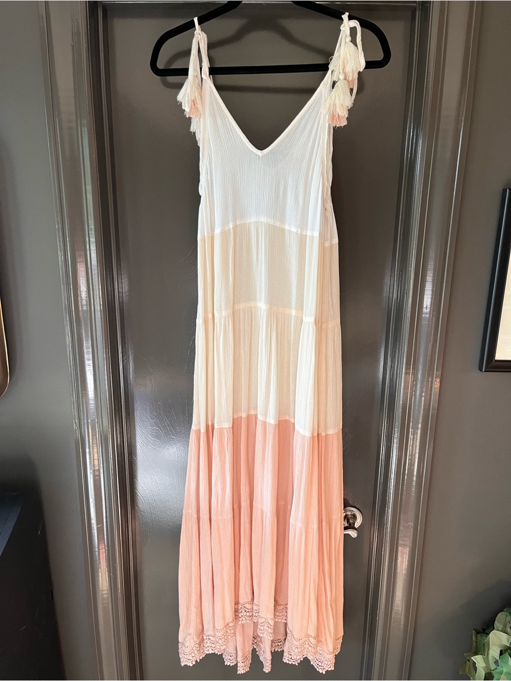 Sun & Shadow White, Peach and Cream Tiered Maxi with Tassel Straps